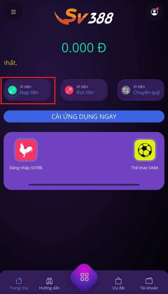 Bấm vào ô Nạp Tiền Người chơi bấm vào nút "Nạp Tiền"