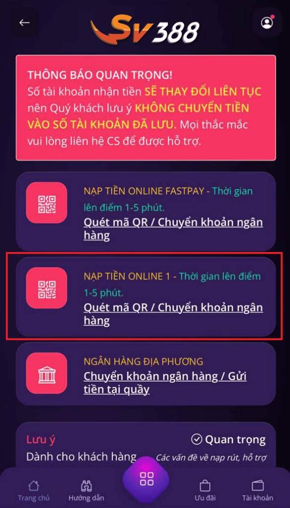 Bấm vào ô “Nạp Tiền Online 1” Bấm vào ô “Nạp Tiền Online 1”