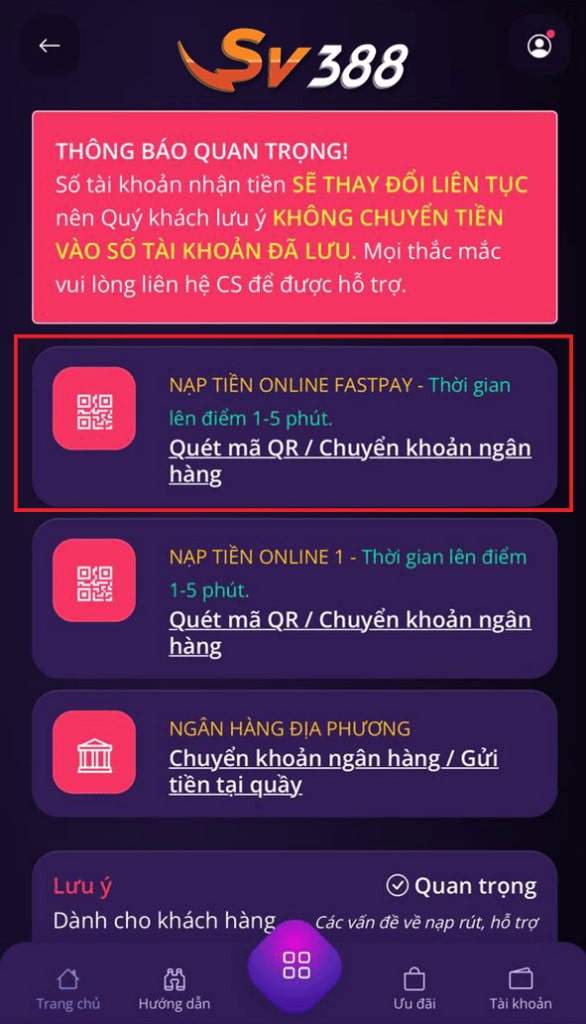 Lựa chọn phương thức Nạp Tiền Online Fastpay chọn vào phương thức “Nạp Tiền Online Fastpay”