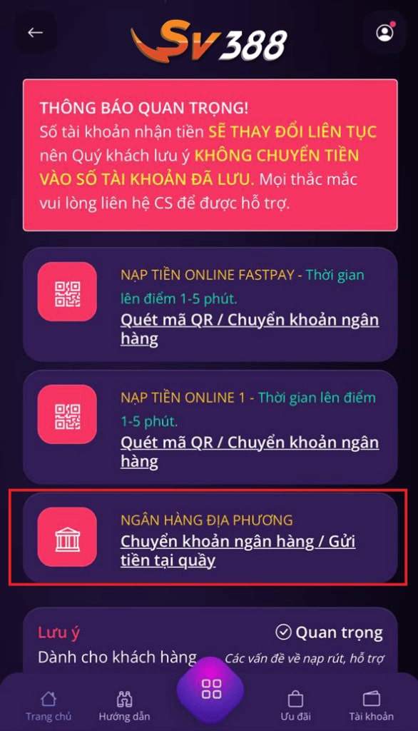 Chọn vào phương thức “Ngân Hàng Địa Phương" Chọn vào phương thức “Ngân Hàng Địa Phương"