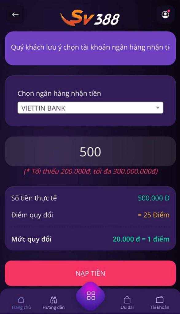 Chọn ngân hàng và điền số tiền muốn nạp Chọn ngân hàng và điền số tiền muốn nạp